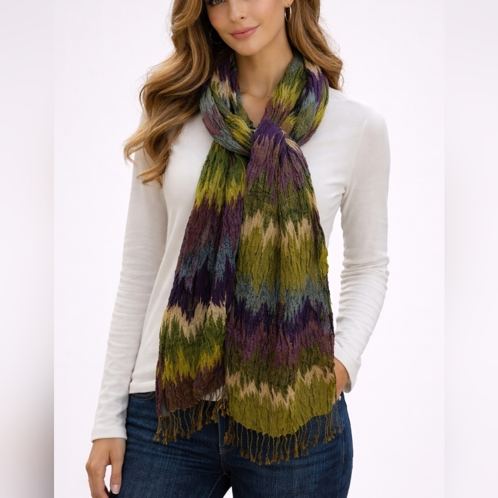 Vintage Purple and Green Multi-color Open Weave Crinkle Fringe Scarf